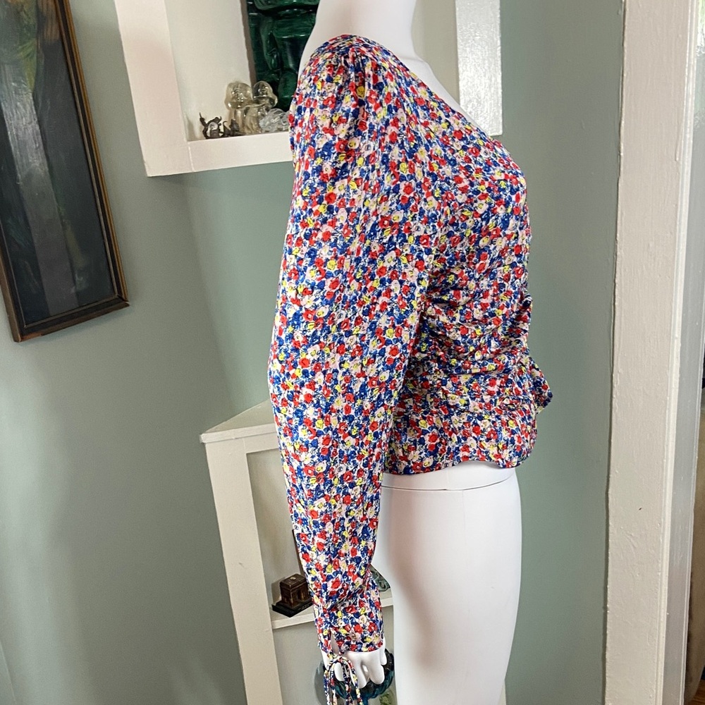 H&M Peplum Floral Blouse Smocked Top Shirt Medium M Peasant Long Sleeve Ruched - Picture 10 of 13
